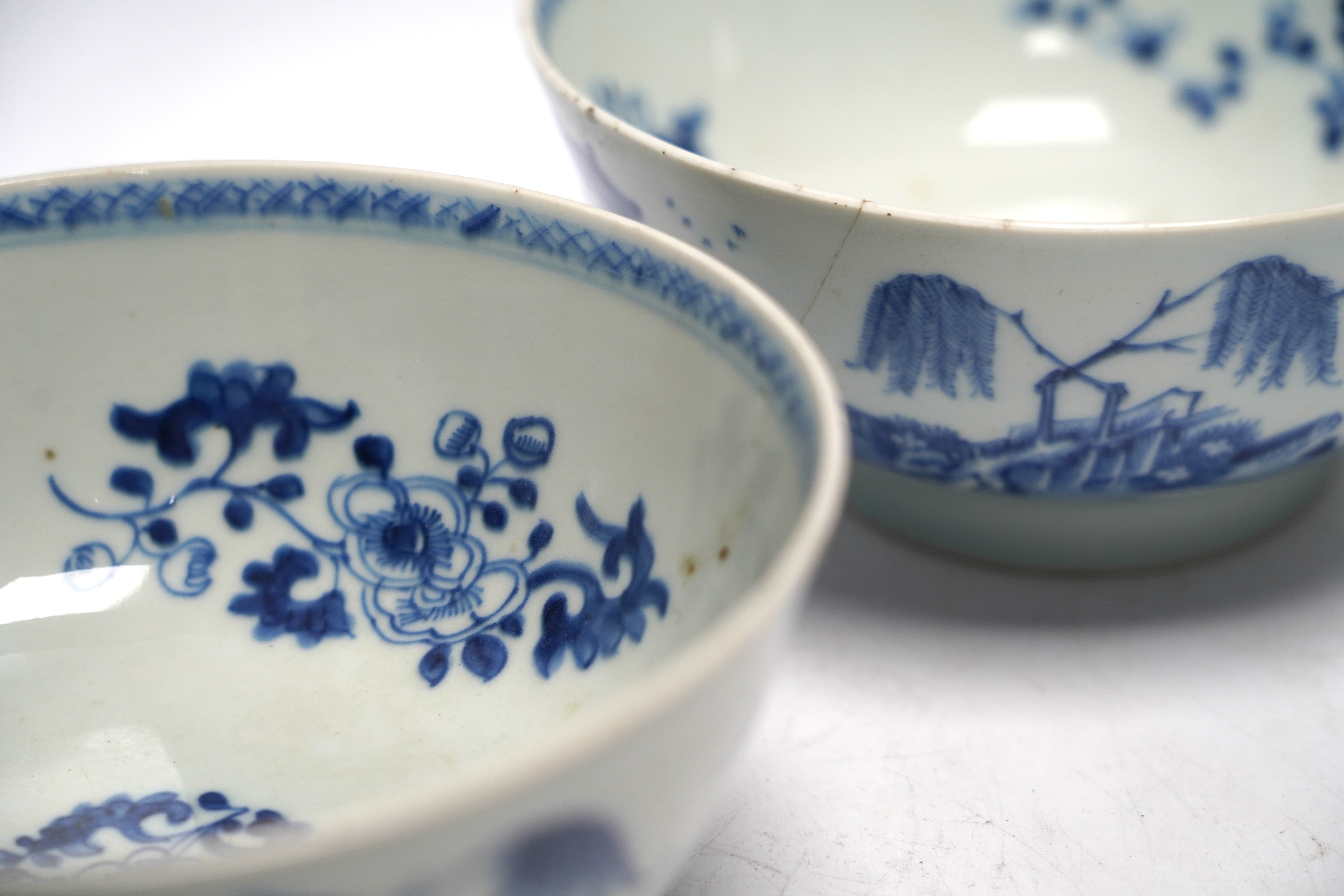 A group of 18th century Chinese and Japanese porcelain including blue and white bowls and jar with hardwood cover, largest 19cm in diameter